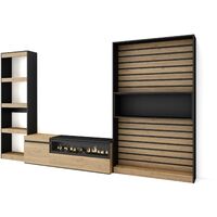 Skraut Home - Ensemble Meuble TV, Meuble Salon Complet, 320x186x35cm, Cheminée électrique, Style moderne, Chêne et noir