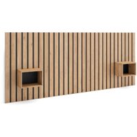 Skraut Home – Tête de lit moderne 258x107cm – Panneaux muraux 3D en chêne – Avec tables de chevet flottantes 25x22,4x34cm – Lit 150/160/180cm