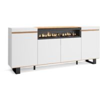 Skraut Home - Buffet salon et cuisine, Meuble de Rangement, Commode, 200x35x87cm, 4 Portes, Cheminée électrique, Design industriel, Style moderne, Blanc et Chêne Soft