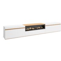 Skraut Home – Meuble TV avec cheminée électrique – Grand espace de rangement 102x45x35cm – Blanc mat et chêne clair – Effet de feu 3D