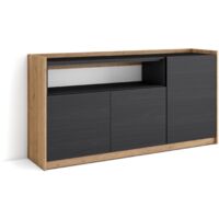 Skraut Home - Buffet salon et cuisine, Commode, 156x37x80cm, 3 Portes, Meuble chaussure, Noir et chêne