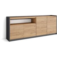 Skraut Home - Buffet salon et cuisine, Commode, 207x37x80cm, 4 Portes, Meuble chaussure, Chêne et noir