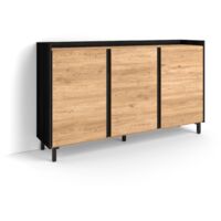 Skraut Home - Buffet salon et cuisine, Meuble de Rangement, Commode, 156x35x91cm, 3 Portes, Design industriel, Style moderne, Chêne et noir