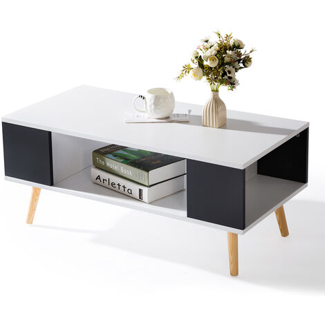 Hobag – Table basse fixe scandinave en bois blanc et gris – Dimensions 90x45x38,7 cm – 4 pieds en pin pour stabilité – Finitions soignées
