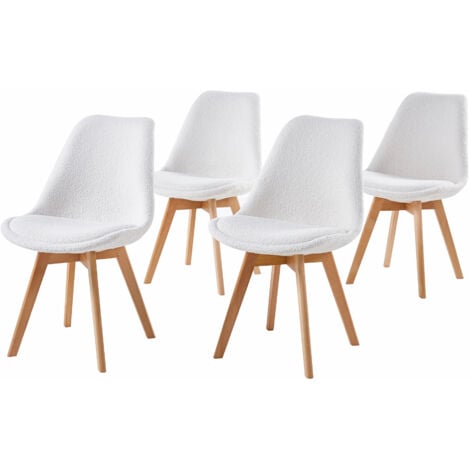 Lot de 4 chaises scandinaves de salle à  manger , en tissu bouclette , mouton - Blanc