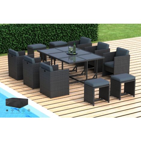 Hobag – Salon de jardin encastrable 10 places – Résine tressée noire – Coussins déhoussables imperméables – Table carrée avec plateau en verre