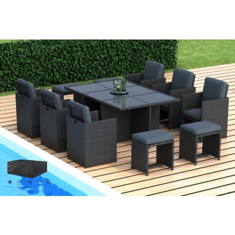RIVIERA - Salon de jardin encastrable 10 places - en résine tressée - Noir avec coussins gris - HOUSSE INCLUSE QUALITE PREMIUM GARANTIE