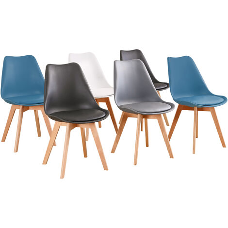 Lot de 6 chaises - Mix couleurs - blanc , gris , bleu canard x2 , noir x2 - Scandinave - Pieds bois