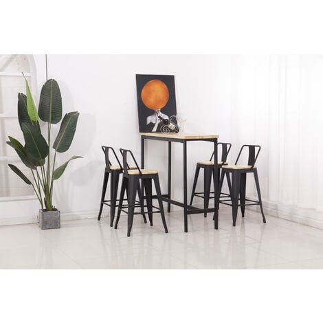 Lot de 4 tabourets de bar industriel avec dossier, assise en bois naturel- hauteur assise 63,5 cm métal noir - Noir