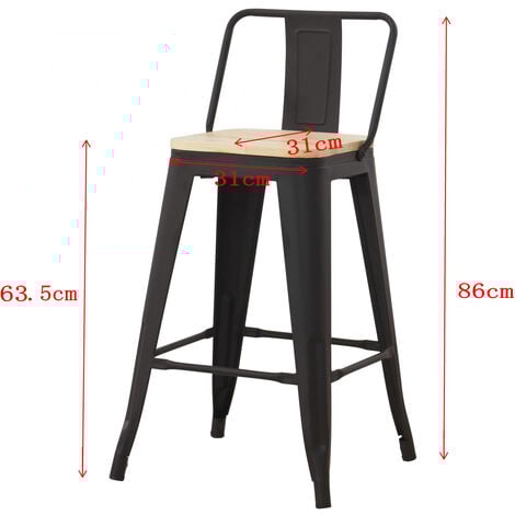 Lot de 4 tabourets de bar industriel avec dossier, assise en bois naturel- hauteur assise 63,5 cm métal noir - Noir