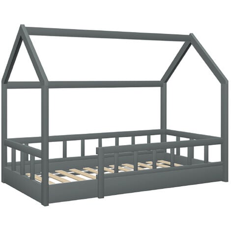 Lit cabane enfant 80 x 160 CM OREL gris avec sommier et barrières