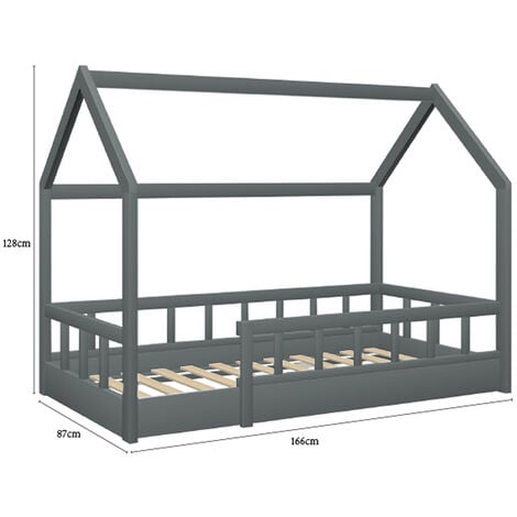 Lit cabane enfant 80 x 160 CM OREL gris avec sommier et barrières