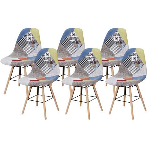 Hobag – Lot de 6 chaises scandinaves patchwork multicolore – Pieds en bois – Largeur d'assise 46 cm – Hauteur d'assise 45 cm