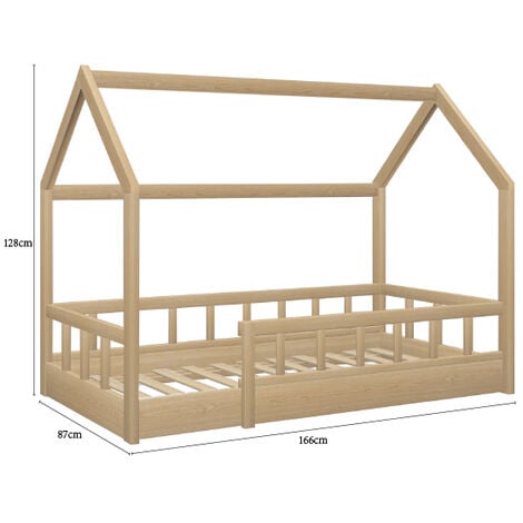 Lit cabane enfant 80 x 160 CM OREL bois avec sommier et barrières