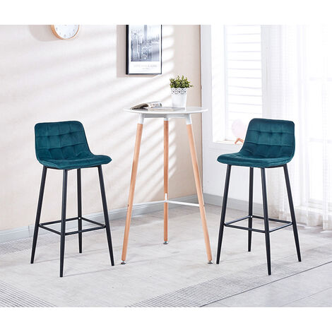 Hobag – Lot de 2 tabourets de bar en velours bleu canard – Hauteur d'assise 70 cm – Pieds en métal – Dimensions 42 x 70 x 96 cm