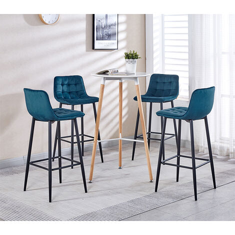Hobag – Lot de 4 tabourets de bar en velours bleu canard – Hauteur d'assise 70 cm – Pieds en métal – Dimensions 42 x 70 x 96 cm