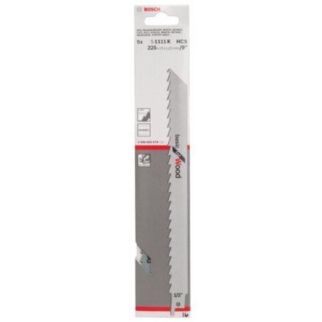 Lame scie sabre bois brut - Longueur : 225 mm - Quantité / boîte : 5 lames - Reference fournisseur : S1111K - BOSCH
