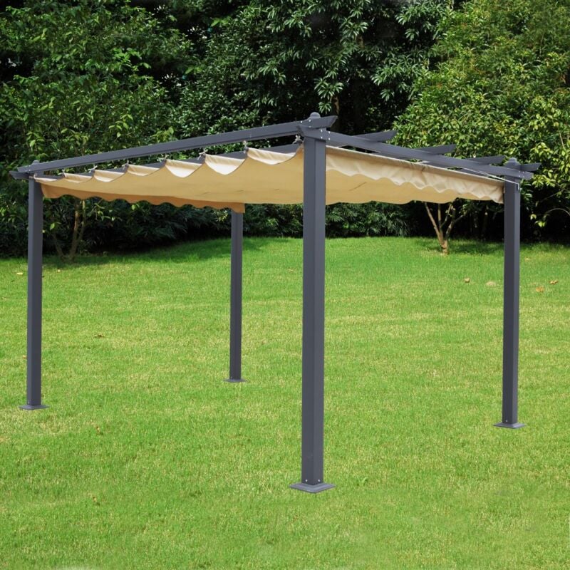 Gazebo Pergola A Parete MilaniHome 3x4 M - Metallo Nero, Telo Beige, Per Esterno E Giardino