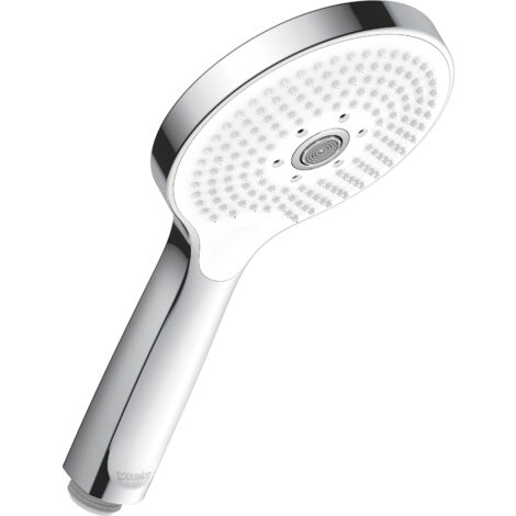 Duschkopf Duravit Universal, mit 3 Strahlarten (Rain, Pulse, Mono), reinigungsfreundlich rund (Ø 120 mm), wassersparende MinusFlow-Funktion, Chrom/Weiß