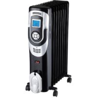 Radiateur bain d'huile 2000W – Thermostat électronique – 2 allures de chauffe – Programmation 1 à 24h – Dimensions 42,5 x 24 x 62,5 cm – Noir et chrome – Dx Drexon