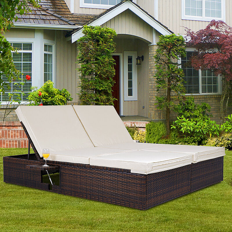 Rattan Garden Double Bed Lounger Brown Waterproof Sofa Sunlounger Recliner Patio Terrace Sunbed