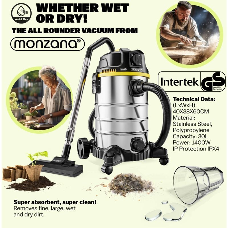 Monzana Wet and Dry Vacuum Cleaner 30L Blow Function HEPA Filter 10m Action  Radius 1800W Household Multi-Purpose Vacuum Cleaner Silver