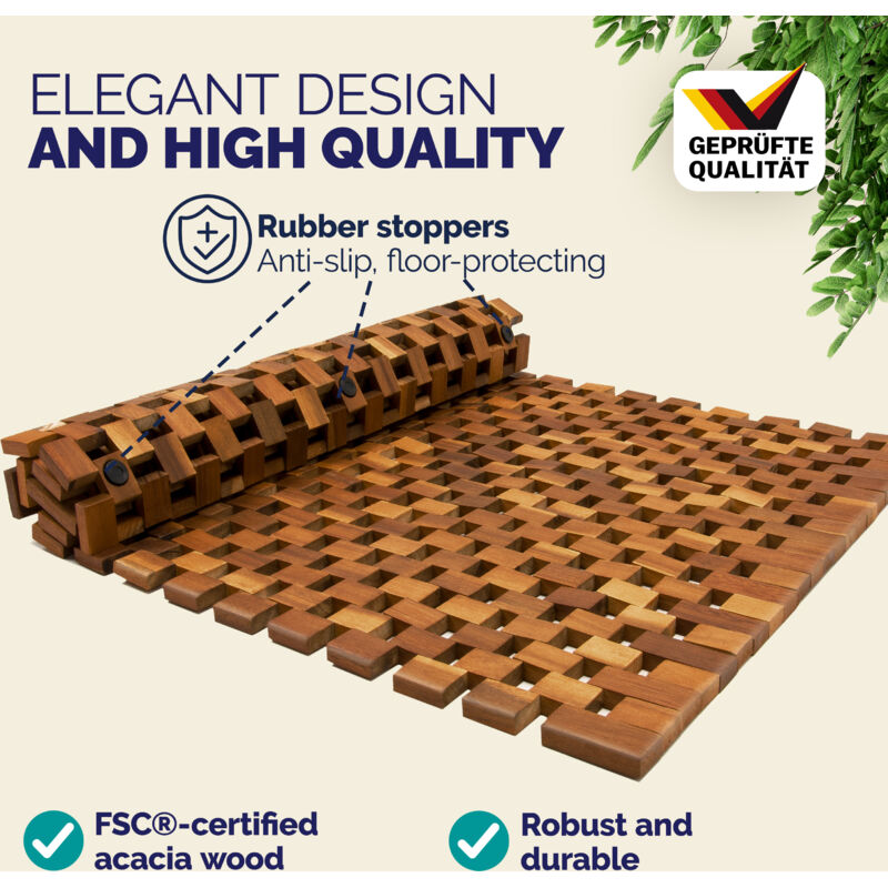 DEUBA Wooden Bath Mat Non-Slip Stripes Pattern 76x50cm FSC Certified Acacia Wood Non-slip Stoppers Shower Mat Bathroom Mat