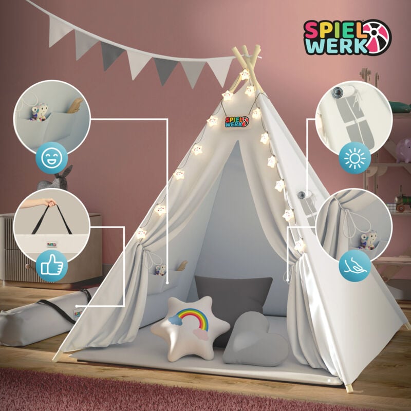 Spielwerk Children s Teepee Tent Fairy Lights Kid s 2.5cm Floor Play Mat 3 Pillows Cotton Carry Bag Tipi Playhouse Indoor 120x120x160cm Wigwam White