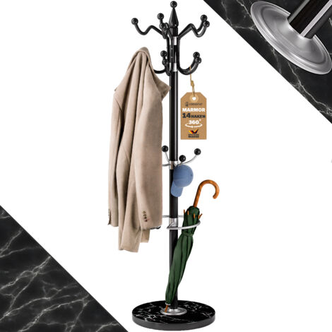 CASARIA® Curved Coat Rack with White Marble Base 14 Rotatable Hooks 37x37x175cm  Black