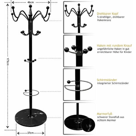 CASARIA® Curved Coat Rack with White Marble Base 14 Rotatable Hooks 37x37x175cm  Black