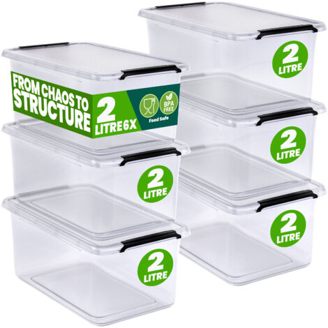 DEUBA® Storage Box With Click Closure Secure Lid  2 Litre and 5 Litre  BPA Free Food-Safe Plastic Boxes  Small Stackable Transparent Organisers for Kitchen Bedroom Garage Office  6x 2L (de)