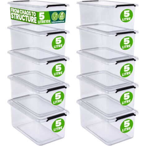 DEUBA® Storage Box With Click Closure Secure Lid  2 Litre and 5 Litre  BPA Free Food-Safe Plastic Boxes  Small Stackable Transparent Organisers for Kitchen Bedroom Garage Office  10x 5L (de)