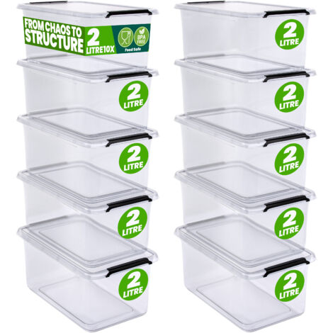DEUBA® Storage Box With Click Closure Secure Lid  2 Litre and 5 Litre  BPA Free Food-Safe Plastic Boxes  Small Stackable Transparent Organisers for Kitchen Bedroom Garage Office  10x 2L (de)