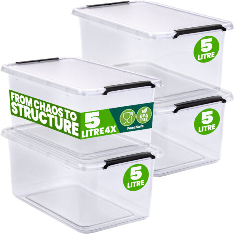 DEUBA® Storage Box With Click Closure Secure Lid 2 Litre and 5 Litre BPA Free Food-Safe Plastic Boxes Small Stackable Transparent Organisers for Kitchen Bedroom Garage Office 4x 5L (de) (1/8)