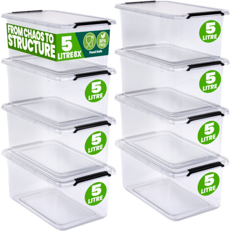 DEUBA® Storage Box With Click Closure Secure Lid  2 Litre and 5 Litre  BPA Free Food-Safe Plastic Boxes  Small Stackable Transparent Organisers for Kitchen Bedroom Garage Office  8x 5L (de)
