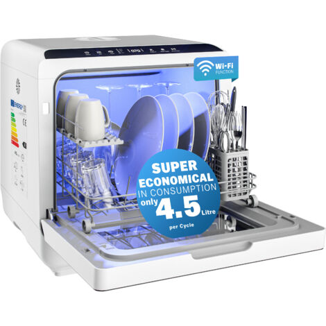 MONZANA® Tabletop Dishwasher with 4.5Litre Water Tank  No Water Connection Needed  WiFi App 6 Programs 4 Place Settings  Small 45cm Mini Single Dish Washer