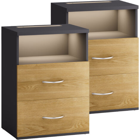 CASARIA® Bedside Table with Touch LED Lighting Dimmable Light MDF 2 Drawers Suitable for Box Spring Bed Bedroom Living Room Side Cabinet 40x28x55cm 2er Set holz-grau (de) (1/6)