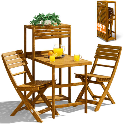 CASARIA® Wooden Balcony Seating Dining Set for 2 People  Weatherproof, Foldable, 160 kg Load Capacity  FSC® Certified Acacia Wood  3-Piece Garden, Outdoor Furniture  Natural Brown