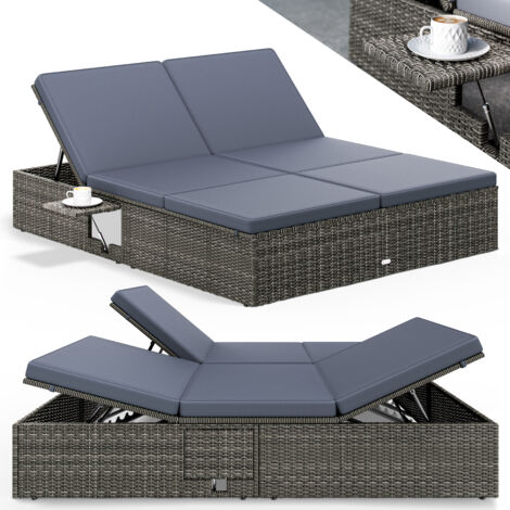 CASARIA® Rattan Sun Lounger for 2 Garden Double Day Bed Folding Side Tables Weatherproof 7-Way Adjustable Backrest Extra Large 200x160cm Grau Anthrazit (de)