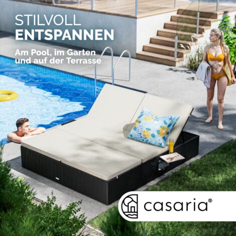 CASARIA® Rattan Sun Lounger for 2  Garden Double Day Bed  Folding Side Tables  Weatherproof  7-Way Adjustable Backrest  Extra Large  200x160cm  Schwarz Creme (de)