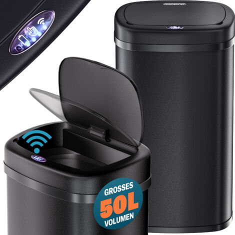 MONZANA® Kitchen Bin with Sensor 50L   Stainless Steel Electric Lid  Battery or USB Power  LED Display  Black