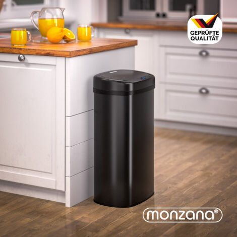 MONZANA® Kitchen Bin with Sensor 50L   Stainless Steel Electric Lid  Battery or USB Power  LED Display  Black
