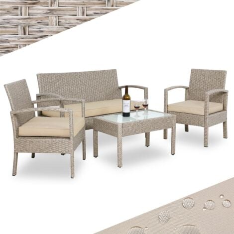 CASARIA® 7pc Weatherproof Polyrattan Garden Furniture Set  Suitable for up to 4 People  Outdoor Patio Seating Group with 2 Armchairs, Bench, 3 Cushions, & Frosted Glass Top Table  Cream