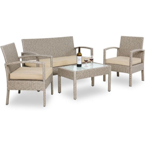 CASARIA® 7pc Weatherproof Polyrattan Garden Furniture Set  Suitable for up to 4 People  Outdoor Patio Seating Group with 2 Armchairs, Bench, 3 Cushions, & Frosted Glass Top Table  Cream