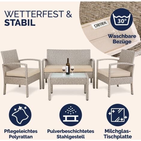 CASARIA® 7pc Weatherproof Polyrattan Garden Furniture Set  Suitable for up to 4 People  Outdoor Patio Seating Group with 2 Armchairs, Bench, 3 Cushions, & Frosted Glass Top Table  Cream