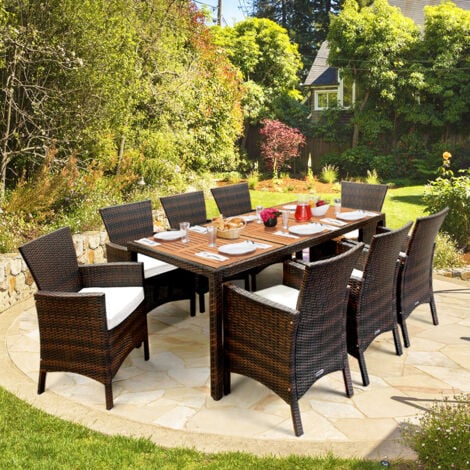 CASARIA® Rattan Garden Furniture Dining Table and Chairs Set  190x90cm Table  Cushions Included  Rectangular 8 Seater  Dark Brown Rattan & Acacia Wood  Brown