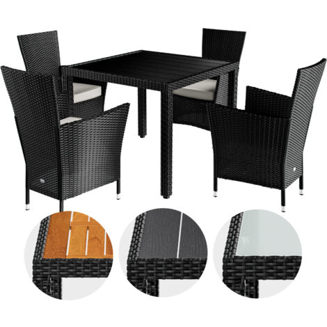 CASARIA® 4+1 Poly Rattan Outdoor Dining Furniture Set  4 Stackable Armchairs with Cushions  90x90cm Dining Table with WPC Top  Weatherproof Outdoor Patio Seating Group  Black