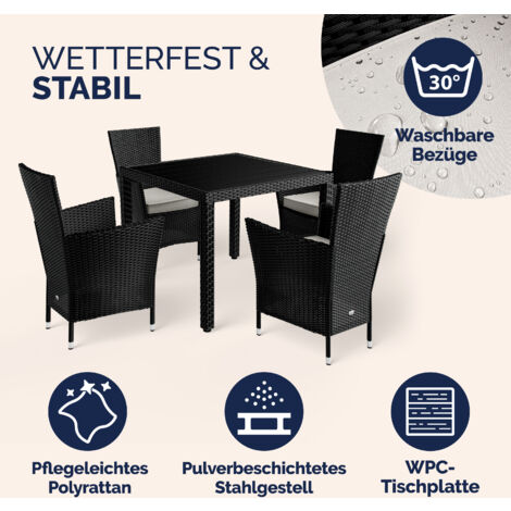 CASARIA® 4+1 Poly Rattan Outdoor Dining Furniture Set  4 Stackable Armchairs with Cushions  90x90cm Dining Table with WPC Top  Weatherproof Outdoor Patio Seating Group  Black