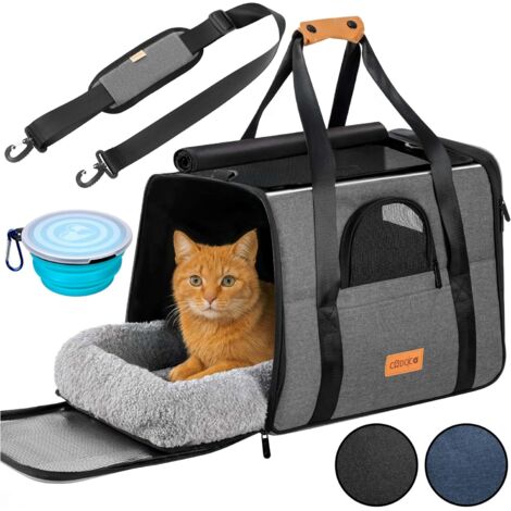 CADOCA® Pet Transport Box for Cats or Small Dogs up to 20 kg Foldable Carrying Bag with Shoulder Strap & Bowl Breathable Comfortable Reversible Cushion Cat Dog Car Carry Cage Grey (1/5)