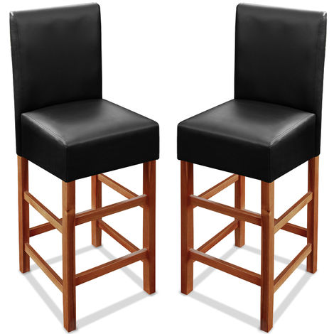 2x Wooden Bar Stool Set Back Black, Leather Counter Stool With Back